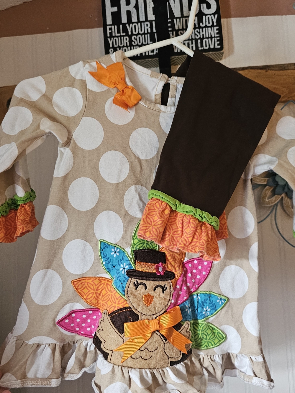Girls Beige Polka Dot Turkey  Dress with Orange Accents By RARE EDITIONS